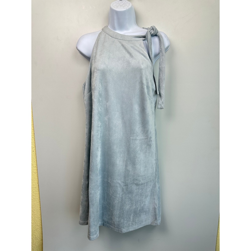 Design Lab Faux Suede Dress Blue Tie Neck Shift Minimalist Modern Chic Medium - Picture 2 of 11